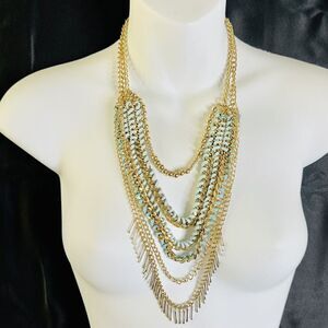 Multi Strand Layered Chain Wrapped in Faux Leather Necklace Tribal Gold 1516